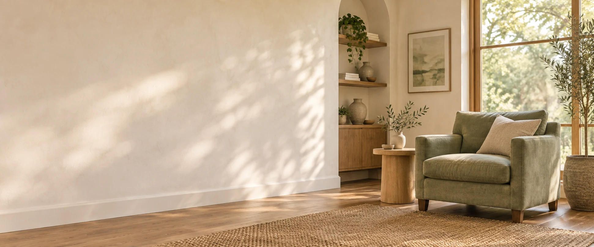 A sunlit room with warm ivory walls and a sage armchair beside a leafy window